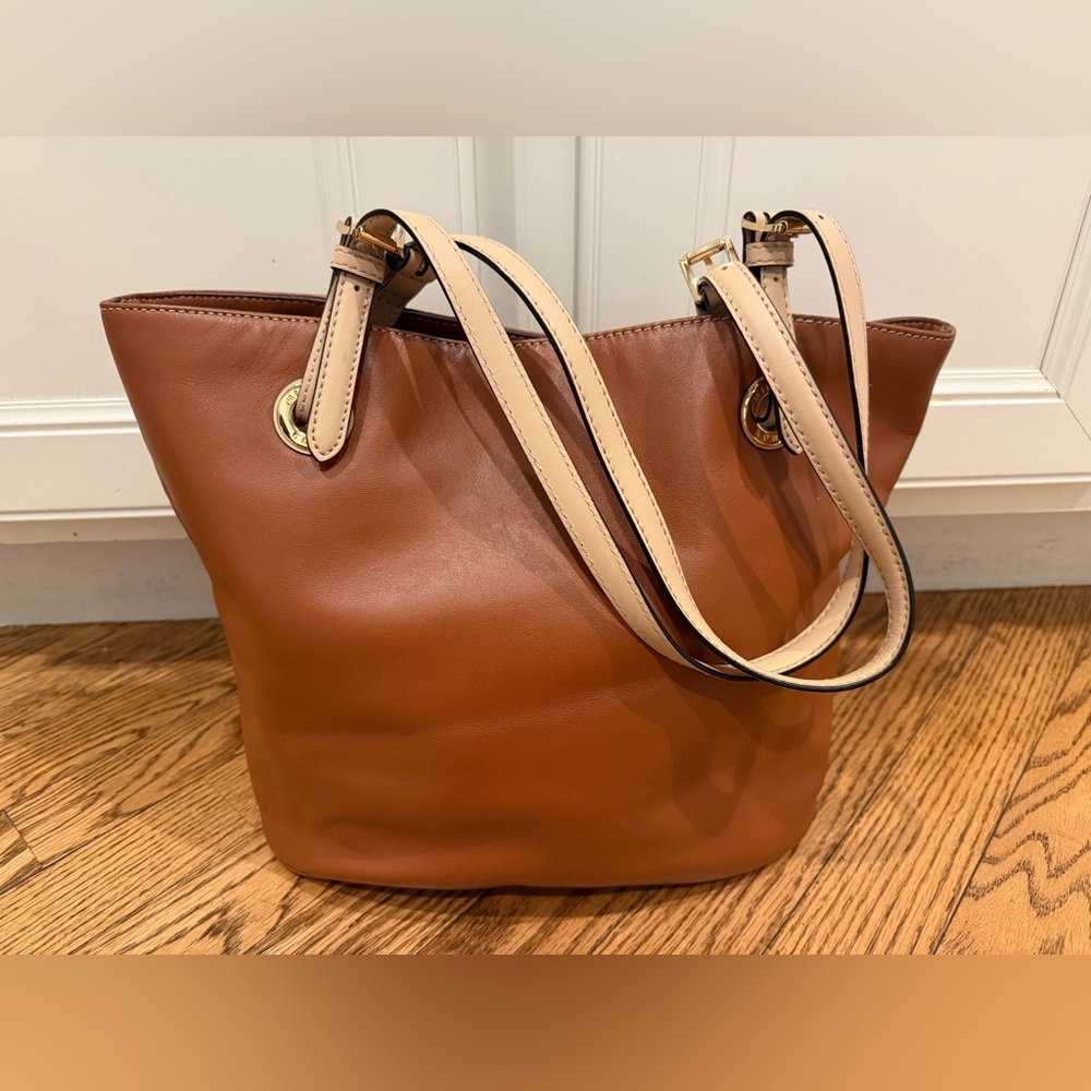 Michael Kors Brown/rust with cream straps & gold buckles tote purse